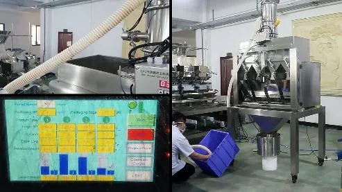 New Design Factory Price Semi Automatic Dry Food Vertical Packaging Machine 4 Head Linear Weigher Packing Machine with Vacuum Feeder for Weighing Powder 